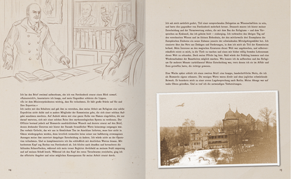 Gezeigt wird eine Innen- oder Zusatzansicht von „Verborgene Fabelwesen der Meere“. Die Darstellung zeigt auf der linken Seite eine skizzierte Szene mit zwei Personen in einem Gespräch, umgeben von Bücherregalen, während die rechte Seite eine sepiafarbene Abbildung einer historischen Gebäudeansicht zeigt. Die sanften, erdigen Farbtöne erzeugen eine nostalgische Atmosphäre, die durch die klare, serifenlose Typografie ergänzt wird, die den Text modern und gut lesbar erscheinen lässt.