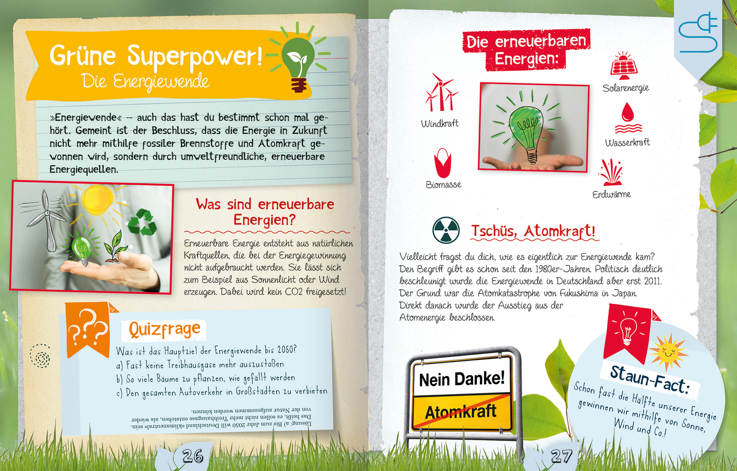 Gezeigt wird eine Innen- oder Zusatzansicht von „Naturforscher-Kids – Unsere Umwelt“. Die Doppelseite ist bunt gestaltet, mit grünlichen und gelben Farbtönen. In der linken Seite steht der Titel „Grüne Superpower! – Die Energiewende“ in großen, freundlichen Buchstaben. Illustrationen von Pflanzen und Energiequellen sind enthalten. Rechts befindet sich der Abschnitt „Die erneuerbaren Energien“, hervorgehoben durch rote Schriftzüge und ebenfalls dekorativen Bildern. Der Text...