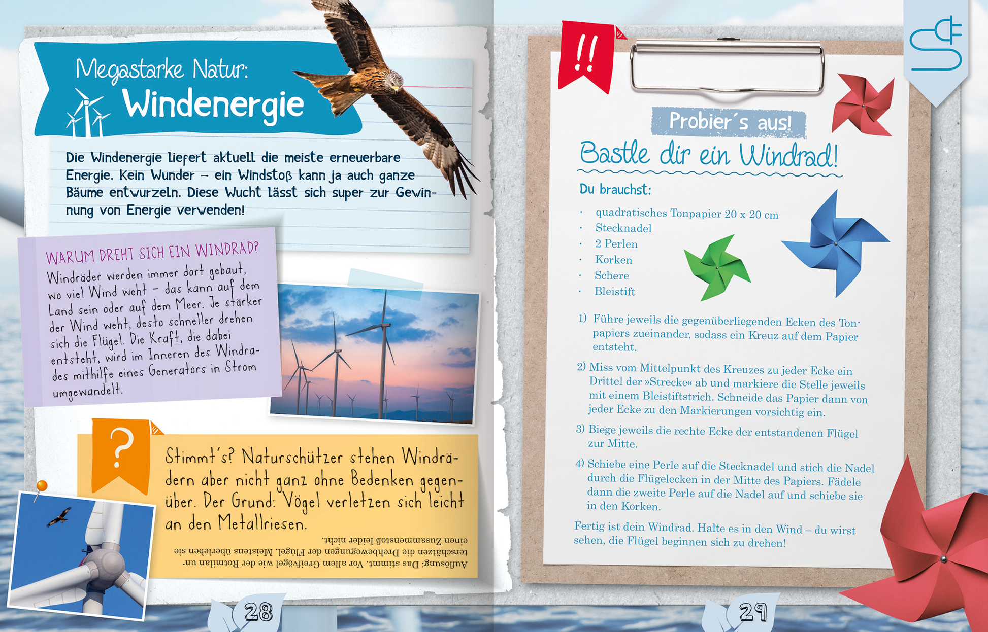 Gezeigt wird eine Innen- oder Zusatzansicht von „Naturforscher-Kids – Unsere Umwelt“. Die Seite ist in hellen Farben gestaltet, mit einem blauen Hintergrund und einem großen Banner in Türkis mit dem Titel „Megastarke Natur: Windenergie“. Grafiken von Windrädern und einem Vogel sind integriert. Auf der linken Seite sind Erklärtexte in bunten Kästchen angeordnet, auf der rechten Seite befindet sich eine Bastelanleitung für einen Windrad. Die Typografie ist spielerisch und...