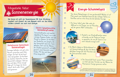Gezeigt wird eine Innen- oder Zusatzansicht von „Naturforscher-Kids – Unsere Umwelt“. Die Doppelseite ist farbenfroh gestaltet, mit einer Sonne oben links und einer Übersicht über Sonnenenergie auf der linken Seite. Textfelder in freundlicher Schrift informieren über Solarenergie und deren Nutzung. Auf der rechten Seite befindet sich ein interaktives „Energie-Schummelquiz“, umringt von Bildern von Solarzellen und einem Wüstenpanorama. Die typografische Gestaltung ist klar und...