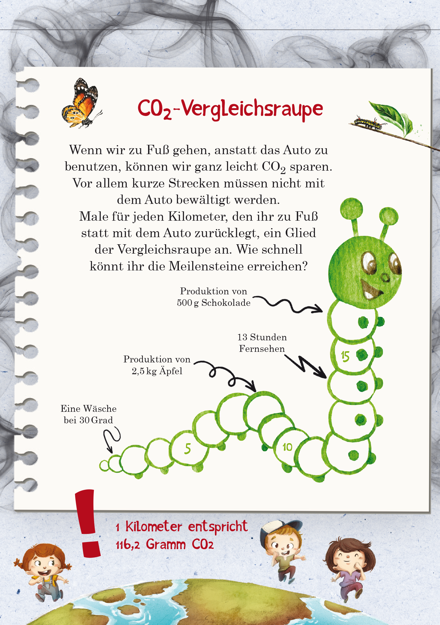 Gezeigt wird eine Innen- oder Zusatzansicht von „Naturforscher-Kids – Umwelt-Aktionen“. Die Seite zeigt eine handschriftlich gestaltete Illustration mit einer grünen Raupe, die CO2-Emissionen veranschaulicht. Sie ist in einem verspielten Stil gehalten und umgeben von bunten Elementen wie Blättern und Schmetterlingen. Der Text ist in klarer, gut lesbarer Schrift und beschreibt die Auswirkungen von Fußgängen im Vergleich zu Autofahrten. Grafiken visualisieren die Produktivität in Bezug...