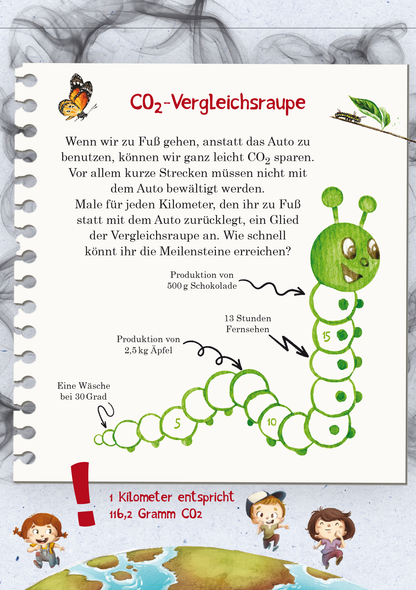 Gezeigt wird eine Innen- oder Zusatzansicht von „Naturforscher-Kids – Umwelt-Aktionen“. Die Seite zeigt eine handschriftlich gestaltete Illustration mit einer grünen Raupe, die CO2-Emissionen veranschaulicht. Sie ist in einem verspielten Stil gehalten und umgeben von bunten Elementen wie Blättern und Schmetterlingen. Der Text ist in klarer, gut lesbarer Schrift und beschreibt die Auswirkungen von Fußgängen im Vergleich zu Autofahrten. Grafiken visualisieren die Produktivität in Bezug...