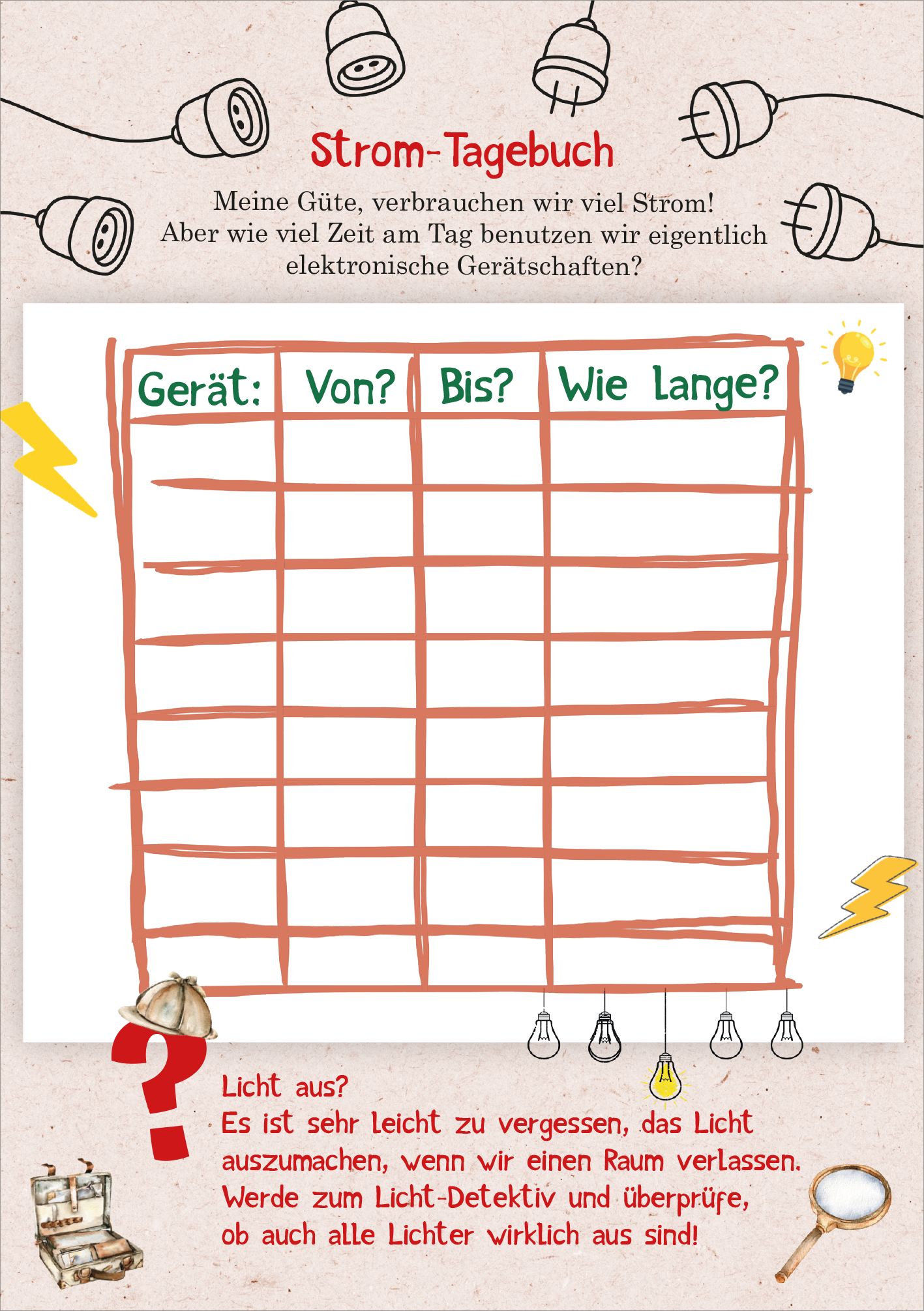 Gezeigt wird eine Innen- oder Zusatzansicht von „Naturforscher-Kids – Umwelt-Aktionen“. Der Hintergrund ist in sanften Erdtönen gehalten, während der obere Bereich mit einem auffälligen Titel „Strom-Tagebuch“ in grüner, handschriftlicher Typografie versehen ist. Darunter befindet sich eine Tabelle mit beschrifteten Spalten: „Gerät“, „Von?“, „Bis?“ und „Wie Lange?“, umrahmt von leichten, handgezeichneten Illustrationen von Glühbirnen und einem Helm. Bunte...