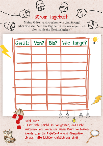Gezeigt wird eine Innen- oder Zusatzansicht von „Naturforscher-Kids – Umwelt-Aktionen“. Der Hintergrund ist in sanften Erdtönen gehalten, während der obere Bereich mit einem auffälligen Titel „Strom-Tagebuch“ in grüner, handschriftlicher Typografie versehen ist. Darunter befindet sich eine Tabelle mit beschrifteten Spalten: „Gerät“, „Von?“, „Bis?“ und „Wie Lange?“, umrahmt von leichten, handgezeichneten Illustrationen von Glühbirnen und einem Helm. Bunte...