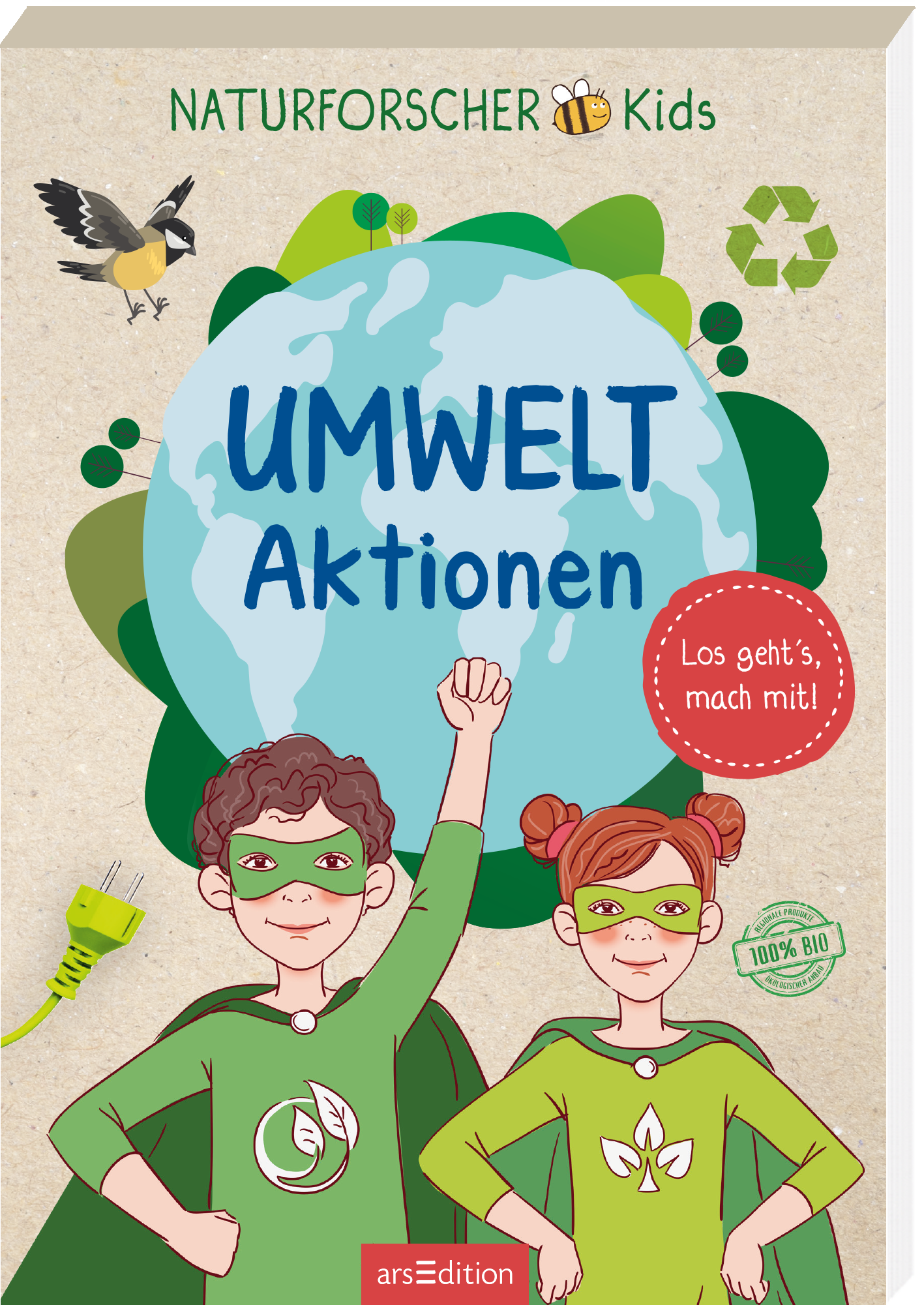 Das Buchcover zeigt zwei Kinder in Superheldenkostümen, die umweltfreundliche Symbole tragen. Der Hintergrund ist in einem sanften Beige, mit einem großen, blauen Globus, der von grünen Blättern und recycelbaren Symbolen umgeben ist. In großen, bunten Buchstaben steht der Titel „UMWELT Aktionen“ im oberen Bereich, darunter der Slogan „Los geht&#039;s, mach mit!“. In der oberen linken Ecke ist der Schriftzug „NATURFORSCHER Kids“ zu sehen. Ein SPIEGEL-Bestseller-Button ist...