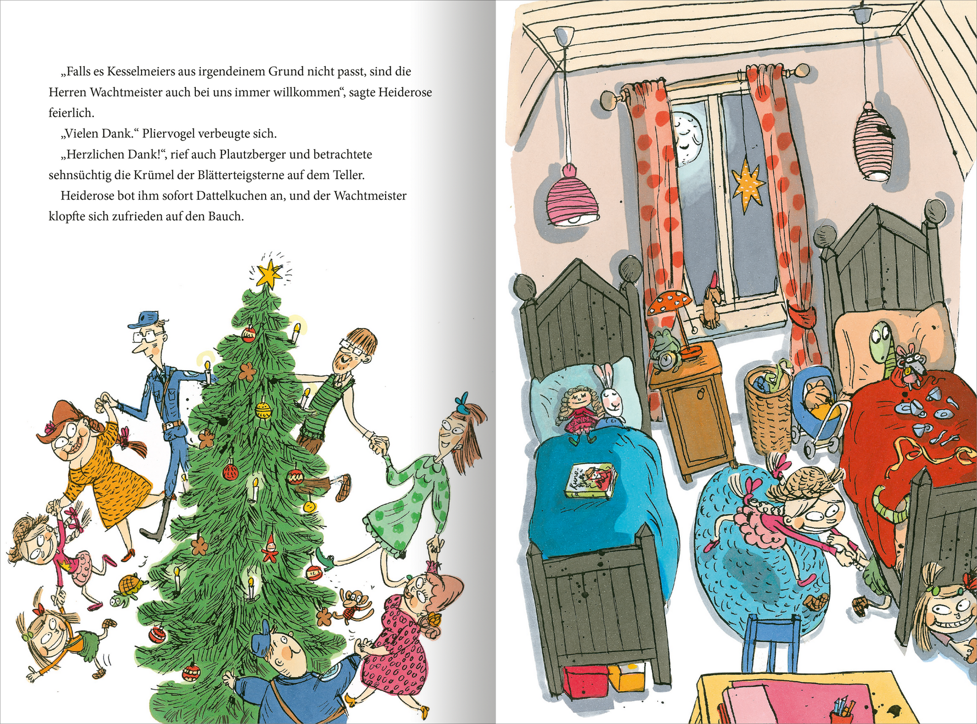 Gezeigt wird eine Innen- oder Zusatzansicht von „Chaoskrümel und Nervensäge feiern Weihnachten“. Links ist ein fröhlicher, bunter Weihnachtsbaum mit Lichtern und Geschenken zu sehen. Darum herum tanzen fröhliche Charaktere in lebhaften Farben. Rechts zeigt das Zimmer gemütliche Betten, dekorierte Fenster und eine warme Atmosphäre, verstärkt durch eine leuchtende Sternenlichterkette. Die Typografie ist kindlich und einladend, stimmig zur festlichen Stimmung.