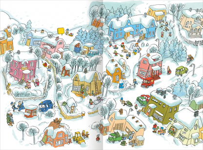 Gezeigt wird eine Innen- oder Zusatzansicht von „Chaoskrümel und Nervensäge feiern Weihnachten“. Die farbenfrohe Illustration zeigt eine verschneite Landschaft mit vielen liebevoll gestalteten Häusern in Pink, Blau, Gelb und Grün. Kinder und Erwachsene sind beschäftigt mit weihnachtlichen Aktivitäten, wie dem Schmücken von Häusern und dem Schlittenfahren. Die Umgebung ist mit schneebedeckten Bäumen und einem klaren Himmel dargestellt, was eine fröhliche, festliche Stimmung...