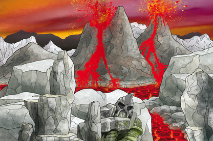 Gezeigt wird eine Innen- oder Zusatzansicht von „Das Metallic-Stickerbuch – Drachen“. Die Illustration zeigt eine dramatische Vulkanlandschaft mit schroffen, grauen Felsen und sprudelndem, rotem Lava. Im Hintergrund erhebt sich ein rot glühender Himmel, während orangefarbene Explosionen in die Luft schießen. Ein geheimnisvoller Stein mit Drachenorns zeichnet sich im Vordergrund ab, das Gesamtbild beeindruckt durch lebendige Farben und dynamische Formen.