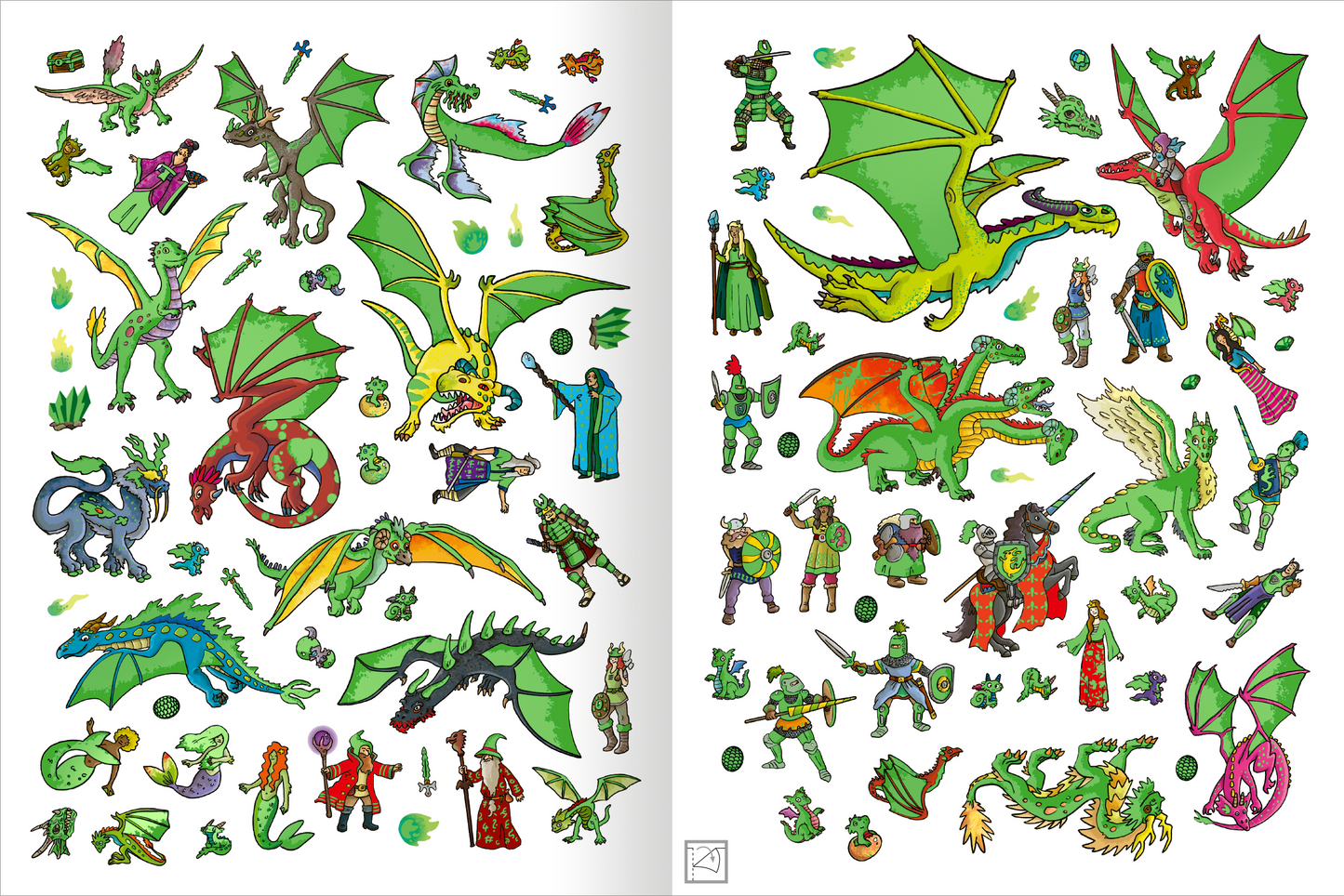 Gezeigt wird eine Innen- oder Zusatzansicht von „Das Metallic-Stickerbuch – Drachen“. Die Seite zeigt eine Vielzahl bunter Drachen und Charaktere, überwiegend in Grüntönen, ergänzt durch kleine Details in Rot, Gelb und Blau. Auf der linken Seite dominieren Drachen mit großen Flügeln und fantastischen Formen, auf der rechten Seite sind Ritter und mythologische Figuren zu sehen. Die freche, verspielte Typografie ist kindgerecht gestaltet, was das Gesamtbild lebendig und ansprechend...