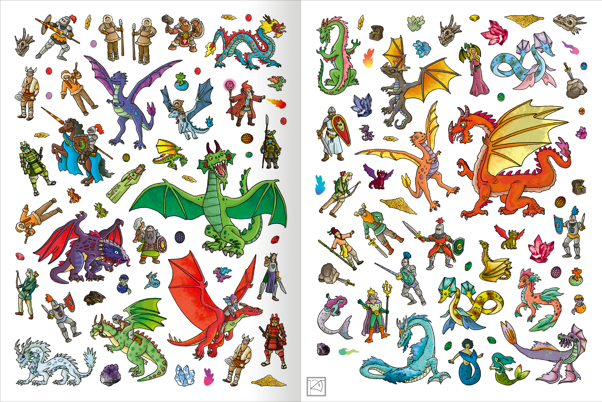 Gezeigt wird eine Innen- oder Zusatzansicht von „Das Metallic-Stickerbuch – Drachen“. Die Seiten sind mit bunten Illustrationen von verschiedenen Drachen und mystischen Figuren gestaltet. Die Farben sind lebhaft und vielfältig, darunter leuchtendes Rot, Grün, Blau und Gelb. Die Typografie ist verspielt und kindgerecht, wobei die drachenähnlichen Motive abwechslungsreich und detailreich sind. Die Anordnung der Elemente schafft eine fantasievolle und einladende Atmosphäre.