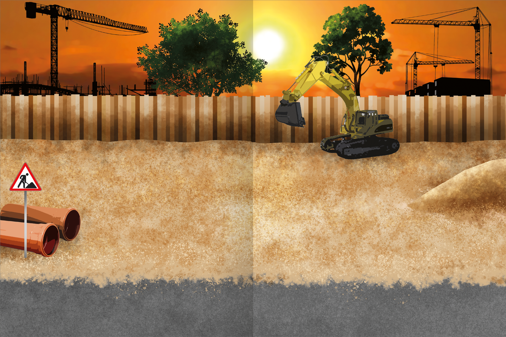 Gezeigt wird eine Innen- oder Zusatzansicht von „Das Metallic-Stickerbuch – Fahrzeuge“. Die Illustration zeigt eine Baustelle mit einem gelben Bagger, der im Sand arbeitet. Im Hintergrund sind orangefarbene Baustellenkräne und grüne Bäume vor einem Sonnenuntergang zu sehen. Die Farbpalette umfasst warme und erdige Töne. Die Typografie ist verspielt und gut lesbar, wobei das Hauptmotiv im Mittelpunkt steht und kinderfreundlich gestaltet ist.