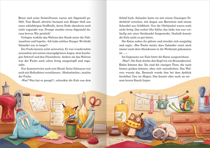 Gezeigt wird eine Innenansicht von „Die wundersame Weihnachtsbande“. Die Doppelseite zeigt eine lebendige Illustration mit verschiedenen Tieren, darunter ein Walross und eine Eule, die in einer kreativen Umgebung agieren. Die Farben sind warm und einladend, mit sanften Tönen von Blau, Orange und Braun. Auf der linken Seite sind verschiedene Bastelmaterialien wie Scheren, Fäden und Stifte angeordnet. Die Typografie ist verspielt und gut lesbar, ergänzt durch handschriftliche Notizen und...