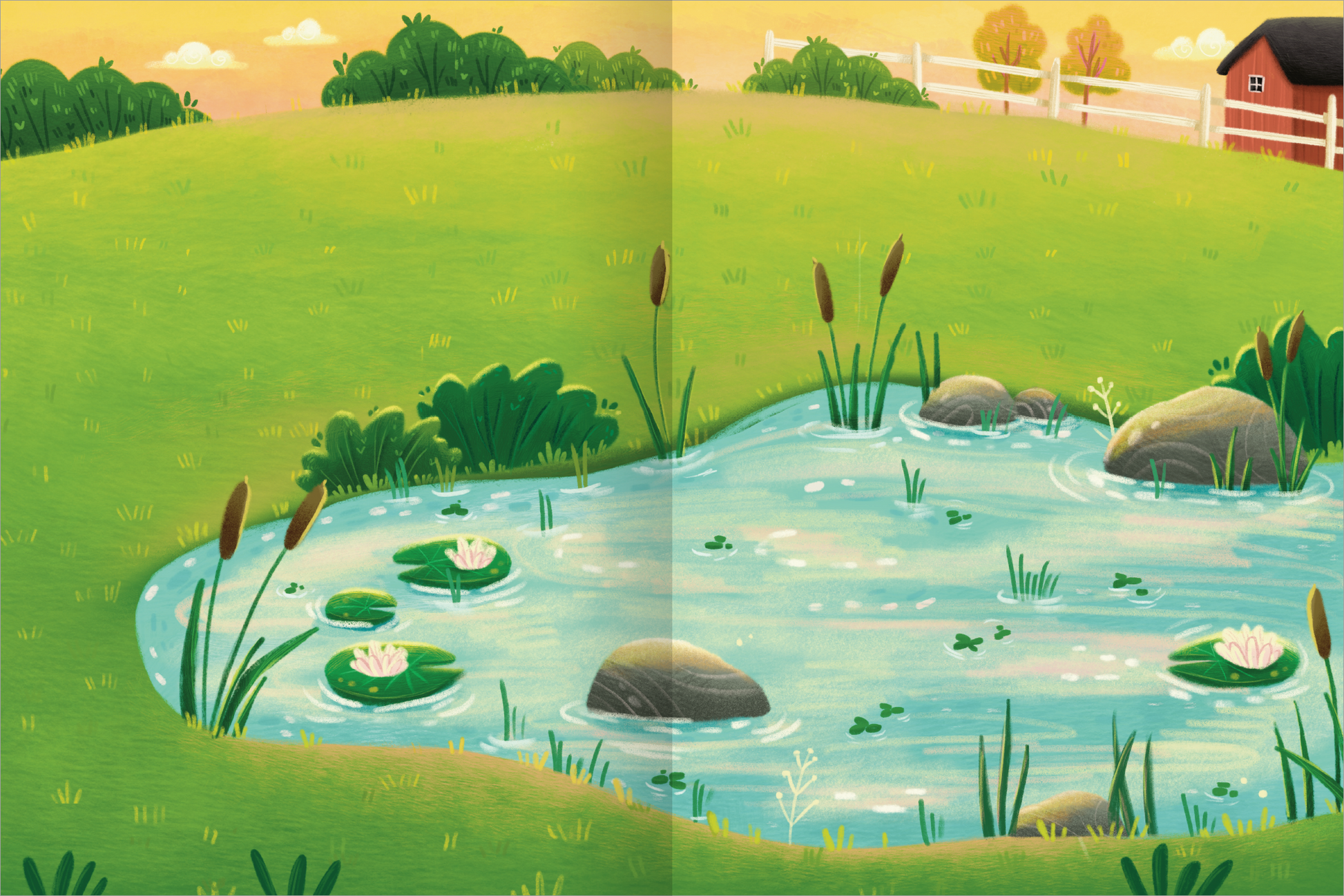 Gezeigt wird eine Innen- oder Zusatzansicht von „Mein flauschiges Stickerheft – Bauernhof“. Die Illustration zeigt eine grüne Wiese und einen Teich in der Mitte. Im Teich schwimmen Seerosen und einige Steine sind sichtbar. Die Umgebung ist mit Wiesenpflanzen und Schilf gesäumt. Im Hintergrund sind ein rotes Scheunengebäude und Bäume zu erkennen. Der Himmel ist sanft gelblich gefärbt, was eine freundliche und einladende Atmosphäre erzeugt.