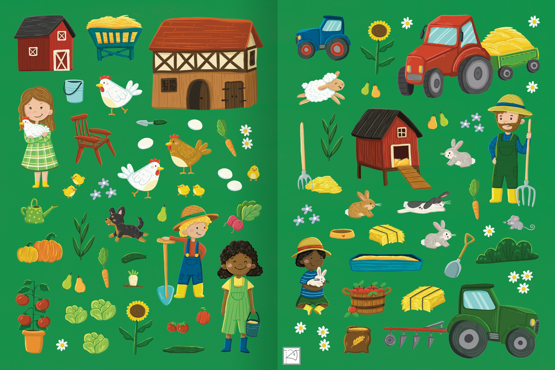 Gezeigt wird eine Innen- oder Zusatzansicht von „Mein flauschiges Stickerheft – Bauernhof“. Die Darstellung umfasst eine lebendige, grüne Wiese, auf der verschiedene Bauernhof-Motive zu sehen sind. Dazu zählen eine Scheune, ein Traktor, Gemüse, Tiere wie Hühner und Kaninchen sowie fröhliche Kinder in ländlicher Kleidung. Die kräftigen Farben, wie Rot, Gelb und Braun, verleihen dem Bild eine freundliche Stimmung.