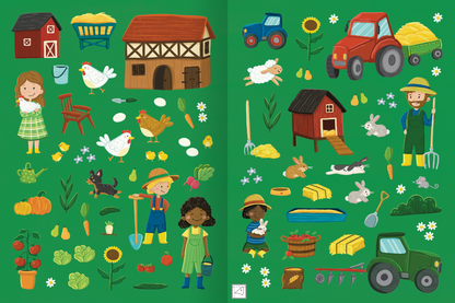 Gezeigt wird eine Innen- oder Zusatzansicht von „Mein flauschiges Stickerheft – Bauernhof“. Die Darstellung umfasst eine lebendige, grüne Wiese, auf der verschiedene Bauernhof-Motive zu sehen sind. Dazu zählen eine Scheune, ein Traktor, Gemüse, Tiere wie Hühner und Kaninchen sowie fröhliche Kinder in ländlicher Kleidung. Die kräftigen Farben, wie Rot, Gelb und Braun, verleihen dem Bild eine freundliche Stimmung.