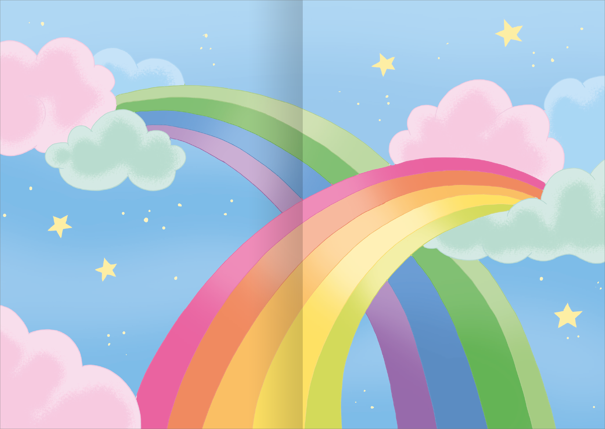 Gezeigt wird eine Innen- oder Zusatzansicht von „MINI-Stickerheft – Einhörner“. Die Abbildung zeigt einen himmelblauen Hintergrund mit bunten Regenbögen in verschiedenen Farbtönen, von Pink über Gelb bis Grün. Weiche, pastellfarbene Wolken umrahmen die Bögen. Kleine gelbe Sterne funkeln zwischen den Regenbögen und Wolken. Die Farben sind hell und freundlich, was eine fröhliche und einladende Atmosphäre schafft. Die dargestellte Szene ist kindgerecht und fantasievoll gestaltet.