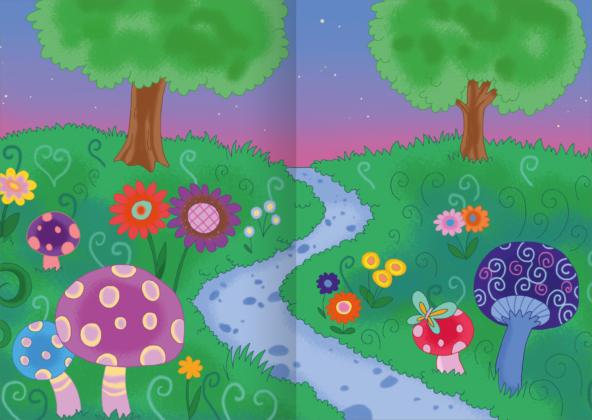 Gezeigt wird eine Innen- oder Zusatzansicht von „MINI-Stickerheft – Einhörner“. Die Illustration zeigt eine farbenfrohe Landschaft mit zwei großen, stilisierten Bäumen und einem geschwungenen, hellblauem Weg, der durch ein Grünes Feld führt. Auf der linken Seite sind unterschiedlich große und bunt gestaltete Pilze in Pink, Lila und Blau zu sehen, während die rechte Seite mit blühenden, mehrfarbigen Blumen in Gelb und Rosa dekoriert ist, die einen verspielten Charakter ausstrahlen....