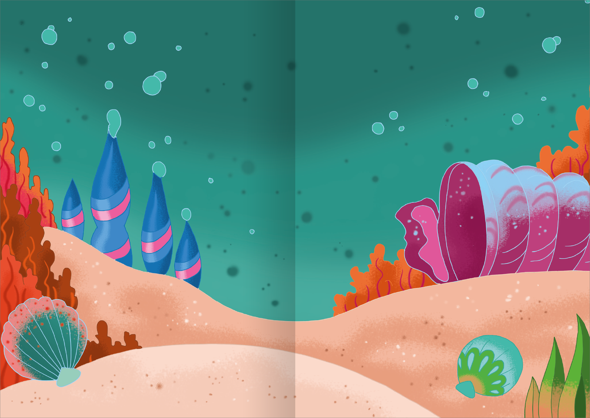 Gezeigt wird eine Innen- oder Zusatzansicht von „MINI-Stickerheft – Einhörner“. Die Illustration zeigt eine bunte Unterwasserlandschaft mit sanften Sanddünen, leuchtend blauen Pflanzen und Korallen in kräftigen Farben. Auf der linken Seite sind rosa und lila Seesterne sowie eine grüne Muschel zu sehen. Die Vordergrundfarbe ist ein sanftes Beige, während der Hintergrund in verschiedenen Grüntönen gehalten ist, was eine harmonische und einladende Atmosphäre schafft. Die Typografie...