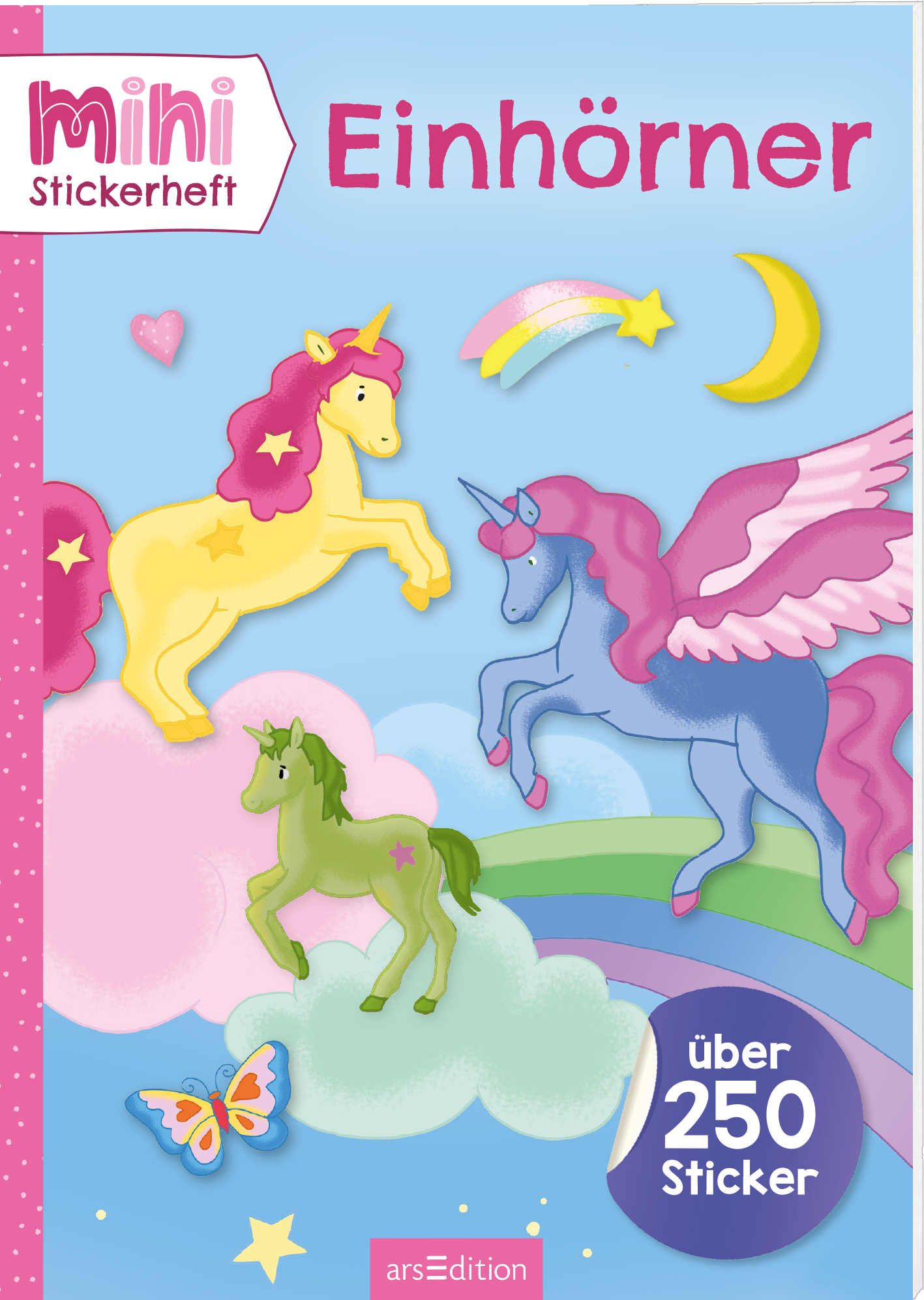 Auf dem Cover des „mini Stickerhefts Einhörner“ sind verschiedene bunte Einhörner abgebildet. Ein gelbes, ein rosa und ein grünes Einhorn stehen spielerisch in einer fantasievollen Wolkenlandschaft vor einem hellblauen Hintergrund. Bunte Regenbogen und Sterne sowie eine Mondsichel verleihen der Szene eine zauberhafte Atmosphäre. Die Schrift „mini Stickerheft“ ist in einem verspielten, pinken Design gehalten. Unten links befindet sich ein Hinweis auf „über 250 Sticker“. Ganz...