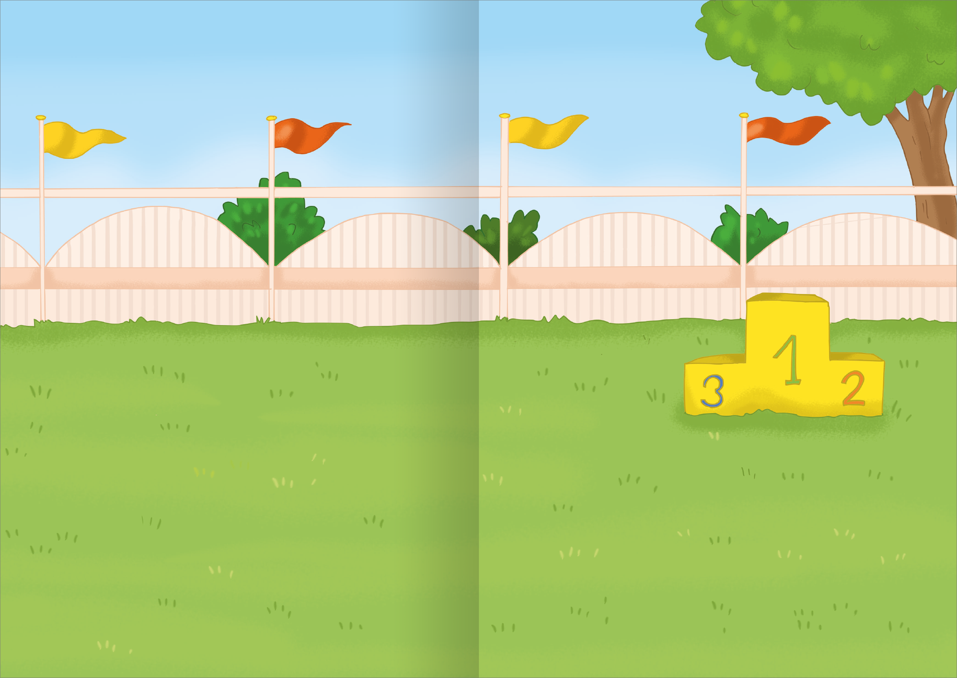 Gezeigt wird eine Innen- oder Zusatzansicht von „MINI-Stickerheft – Pferde“. Die Abbildung zeigt eine grüne Wiese mit einem Podest in der Mitte, auf dem die Zahlen 1, 2 und 3 in gelber Farbe abgebildet sind. Im Hintergrund befinden sich ein weißer Zaun und mehrere Flaggen in Gelb und Rot, die im sanften Wind wehen. Auf der linken und rechten Seite sind grüne Büsche und ein Baum sichtbar, die der Szenerie eine freundliche Atmosphäre verleihen. Der Himmel ist strahlend blau, was das...