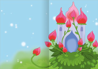 Gezeigt wird eine Innen- oder Zusatzansicht von „MINI-Stickerheft – Feen“. Die Illustration zeigt eine zauberhafte Burg mit pinken, glühenden Türmchen, umgeben von lebendig grünen Pflanzen. Die sanften Pastelltöne des Hintergrunds ergänzen die verspielten Details, während die Burg durch ihren hellblauen Eingang einen magischen Eindruck vermittelt. Die Typografie ist kindgerecht und einladend gestaltet, was die fantasievolle Atmosphäre unterstützt.