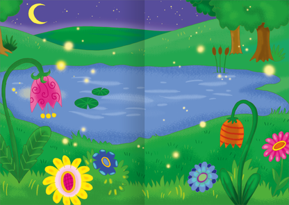 Gezeigt wird eine Innen- oder Zusatzansicht von „MINI-Stickerheft – Feen“. Die Illustration zeigt eine zauberhafte Landschaft unter einem nachtblauen Himmel mit funkelnden Sternen. Ein ruhiger Teich spiegelt die Farben der Natur wider. Um den Teich blühen bunte Blumen in Gelb, Pink und Blau. Ergänzend sind grüne Pflanzen und Bäume zu sehen. Der Einsatz sanfter Farben schafft eine verträumte, märchenhafte Atmosphäre, die die Fantasie anregt.