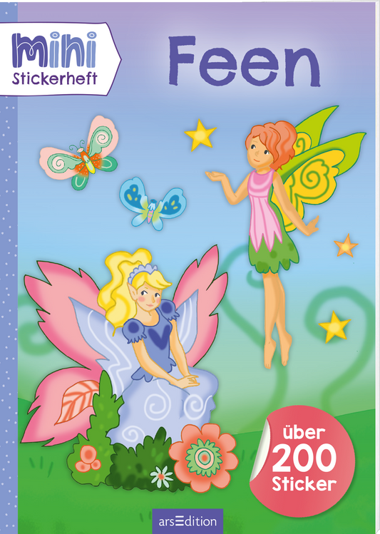 Auf dem Cover sind zwei farbenfrohe Feen abgebildet, die fröhlich in einer fantastischen Umgebung mit Wiesen und Blumen posieren. Die linke Fee trägt ein hellblaues Kleid mit einer krönenden Frisur, während die rechte Fee in einem pinken Outfit leuchtet. Über ihnen schwirren bunte Schmetterlinge und funkelnde Sterne. Der Titel „Feen“ ist in großer, lila Schrift oben sichtbar. Zudem befindet sich ein Hinweis auf „über 200 Sticker“ am unteren Rand. Ganz unten mittig steht der...