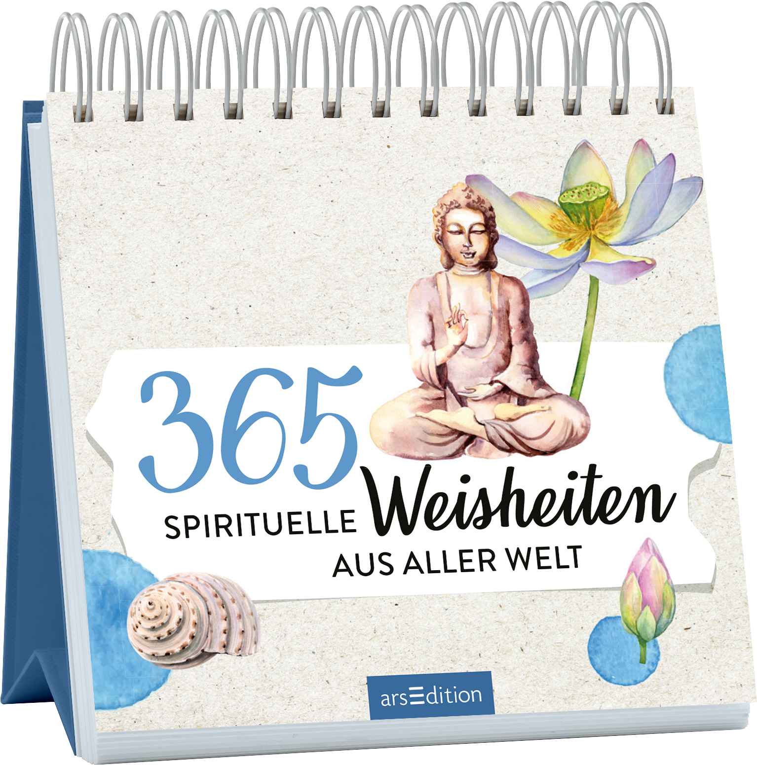 Das Buchcover zeigt einen aufgeschlagenen Spiralblock mit einer Textur, die an Naturpapier erinnert. Die zentrale Illustration zeigt eine Buddha-Figur in meditativer Haltung, umgeben von zarten, farbigen Blüten und Muscheln. Der Titel „365 Spirituelle Weisheiten aus aller Welt“ ist in einer Mischung aus verspielter Schriftart und klaren, modernen Buchstaben in Blau und Schwarz gestaltet. Das Cover strahlt eine ruhige und inspirierende Atmosphäre aus. Ganz unten mittig steht der...