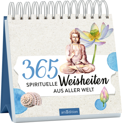 Das Buchcover zeigt einen aufgeschlagenen Spiralblock mit einer Textur, die an Naturpapier erinnert. Die zentrale Illustration zeigt eine Buddha-Figur in meditativer Haltung, umgeben von zarten, farbigen Blüten und Muscheln. Der Titel „365 Spirituelle Weisheiten aus aller Welt“ ist in einer Mischung aus verspielter Schriftart und klaren, modernen Buchstaben in Blau und Schwarz gestaltet. Das Cover strahlt eine ruhige und inspirierende Atmosphäre aus. Ganz unten mittig steht der...
