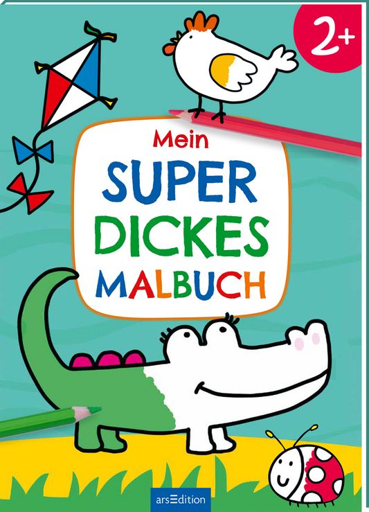 Das Buchcover zeigt einen bunten, freundlichen Hintergrund in verschiedenen Grüntönen. Im Vordergrund befindet sich ein fröhlicher, cartoonartiger Krokodil mit pinken Punkten auf dem Rücken. Um das Krokodil herum fliegen bunt gestaltete Drachen und eine weiße, plappernde Henne sitzt darüber. Der Titel „Mein SUPER DICKES MALBUCH“ wird in großen, verspielten Buchstaben präsentiert – „SUPER“ in Blau und „DICKES MALBUCH“ in Grün und Orange. Oben rechts ist eine rote Ecke mit...