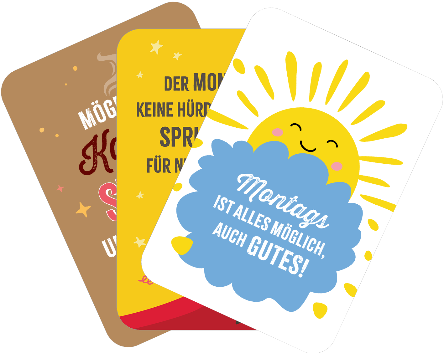 Gezeigt wird eine Innen- oder Zusatzansicht von „Das kleine Montagsorakel“. Die Ansicht zeigt drei Karten mit unterschiedlichen Farben und Designs. Die linke Karte ist braun und vermittelt eine herzliche Botschaft. Die mittlere Karte in Gelb enthält einen ermutigenden Spruch in dunkler Schrift. Die rechte Karte hat einen hellblauen Hintergrund mit einem fröhlichen Sonnenmotiv und dem textlichen Inhalt „Montags ist alles möglich, auch Gutes!“. Die Typografie ist kreativ und einladend...