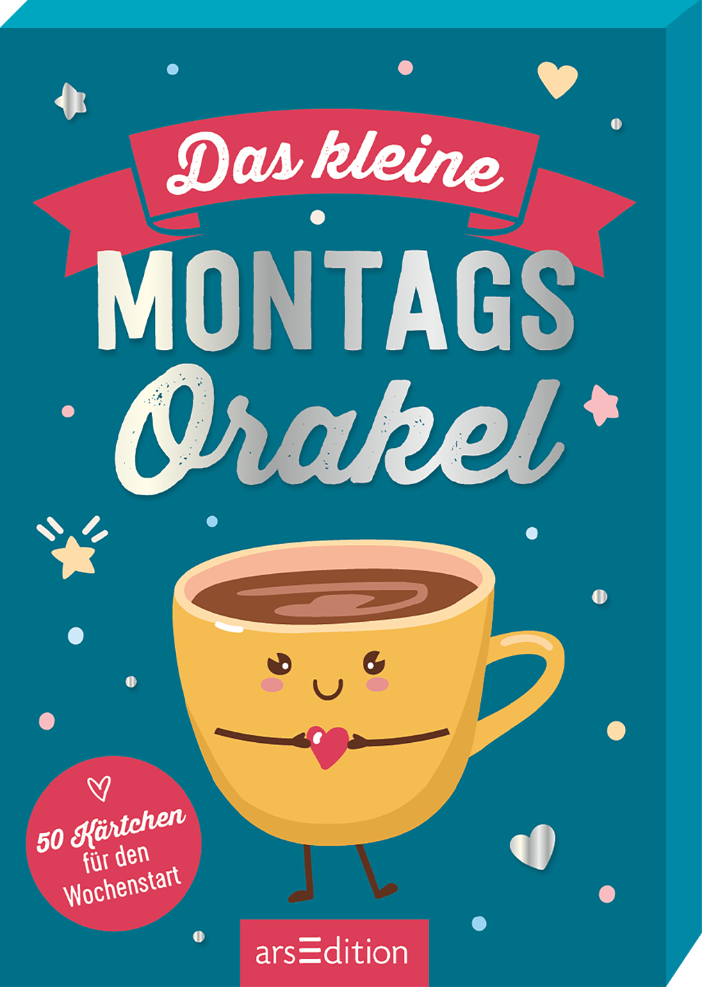 Das Cover zeigt einen hellblauen Hintergrund, auf dem ein lächelnder Kaffeebecher in Gelb mit einem Herzen in der Mitte platziert ist. Über dem Becher steht in verspielter Schrift „Das kleine“ in Rot, und darunter „Montags Orakel“ in Weiß, wobei das Wort „Orakel“ besonders hervorgehoben ist. Um den Becher sind bunte Sterne und kleine Herzen verteilt. In der linken unteren Ecke befindet sich der Hinweis „50 Kärtchen für den Wochenstart“. Ganz unten mittig steht der...