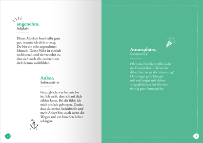 Gezeigt wird eine Innen- oder Zusatzansicht von „Lieblingsmensch (Substantiv, m)“. Die Seite präsentiert zwei Definitionen mit den Begriffen „angenehm“ und „Anker“ links sowie „Atmosphäre“ rechts. Die Überschriften sind in einer klaren, modernen Schriftart gehalten, während die Texte in einer leserfreundlichen Schrift ausgeführt sind. Die Linksseite ist in einem hellen Grauton gestaltet, die rechte Seite in einem ansprechenden Türkis. Grafische Elemente, wie kleine Icons,...
