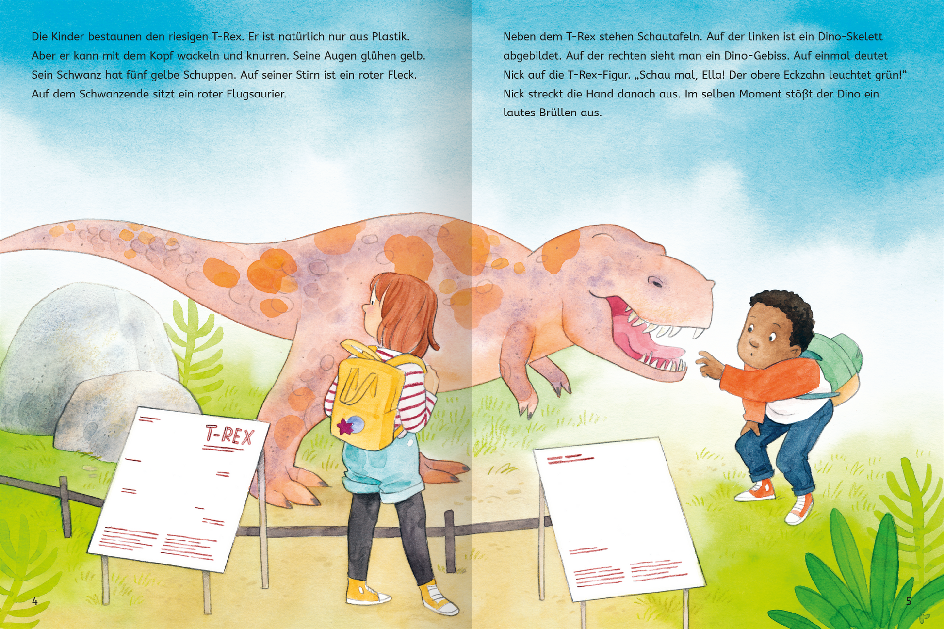 Gezeigt wird eine Innen- oder Zusatzansicht von „Mit Stickern Lesen lernen – Abenteuer im Dino-Park“. Die Seite zeigt zwei Kinder, die fasziniert vor einem T-Rex stehen, der in sanften, warmen Farben dargestellt ist. Der Hintergrund ist grün und zeigt dschungelartige Pflanzen. Die Typografie ist kindgerecht und farbenfroh, mit großen, klaren Buchstaben auf den Schautafeln. Die Charaktere sind lebhaft und tragen Rucksäcke, was den Entdeckergeist unterstreicht.