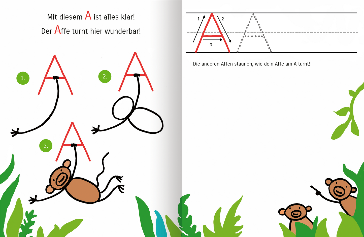 Gezeigt wird eine Innen- oder Zusatzansicht von „Mit Affe, Bär und Reh lerne ich das ABC“. Auf der linken Seite ist ein bunter Hintergrund mit grünen Pflanzen und einem fröhlichen Affen, der die Buchstaben „A“ spielerisch darstellt. Die Zahlen 1 bis 3 zeigen die Schritte zum Zeichnen des Buchstabens. Auf der rechten Seite steht ein kurzer Text in klarer, roter Schrift, der begleitet wird von einer schematischen Darstellung des Buchstabens.