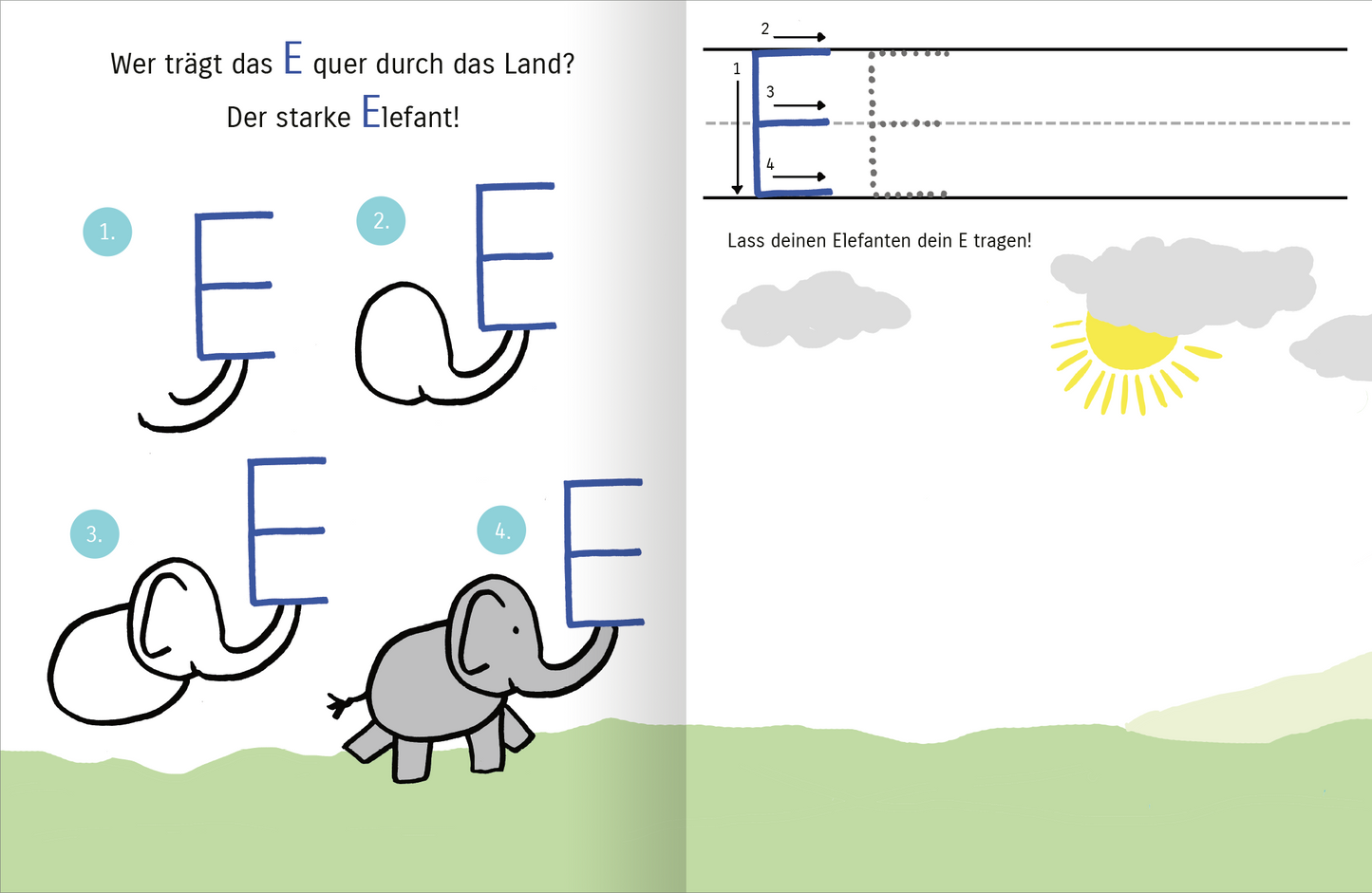 Gezeigt wird eine Innen- oder Zusatzansicht von „Mit Affe, Bär und Reh lerne ich das ABC“. Die Seite zeigt ein lehrreiches Motiv mit dem Buchstaben „E“ und einem lustigen Elefanten. Der Buchstabe ist in großen, blauen Konturen dargestellt, um das Nachzeichnen zu erleichtern. Eine helle, freundliche Farbpalette mit grünen Wiesen, grauen Wolken und einer strahlenden Sonne sorgt für eine einladende Atmosphäre. Die Schrift ist einfach und gut lesbar, wodurch das Lernen ansprechend und...