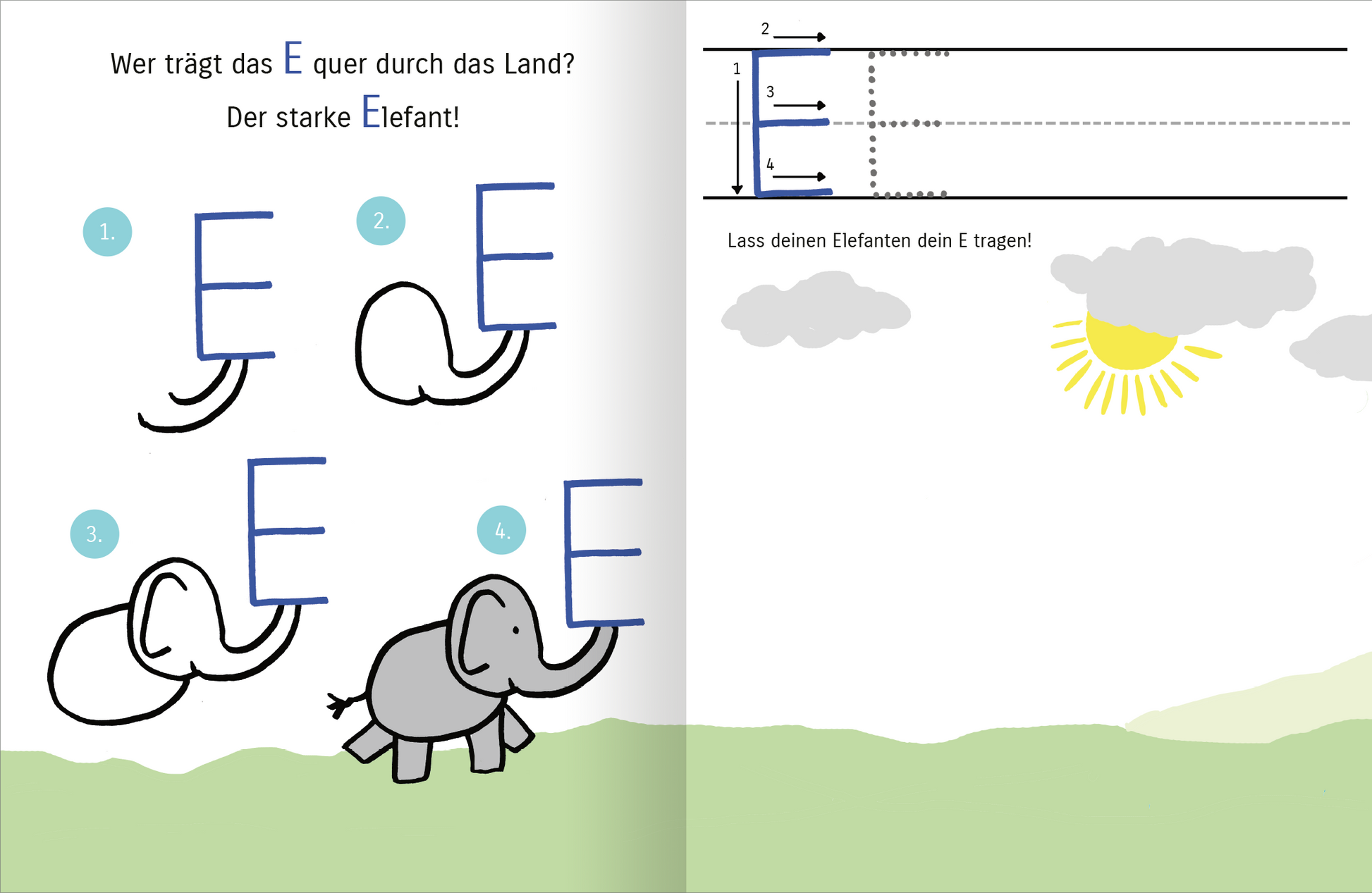 Gezeigt wird eine Innen- oder Zusatzansicht von „Mit Affe, Bär und Reh lerne ich das ABC“. Die Seite zeigt ein lehrreiches Motiv mit dem Buchstaben „E“ und einem lustigen Elefanten. Der Buchstabe ist in großen, blauen Konturen dargestellt, um das Nachzeichnen zu erleichtern. Eine helle, freundliche Farbpalette mit grünen Wiesen, grauen Wolken und einer strahlenden Sonne sorgt für eine einladende Atmosphäre. Die Schrift ist einfach und gut lesbar, wodurch das Lernen ansprechend und...