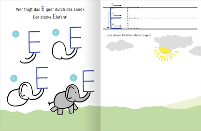 Gezeigt wird eine Innen- oder Zusatzansicht von „Mit Affe, Bär und Reh lerne ich das ABC“. Die Seite zeigt ein lehrreiches Motiv mit dem Buchstaben „E“ und einem lustigen Elefanten. Der Buchstabe ist in großen, blauen Konturen dargestellt, um das Nachzeichnen zu erleichtern. Eine helle, freundliche Farbpalette mit grünen Wiesen, grauen Wolken und einer strahlenden Sonne sorgt für eine einladende Atmosphäre. Die Schrift ist einfach und gut lesbar, wodurch das Lernen ansprechend und...