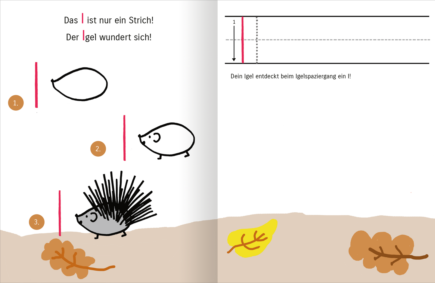 Gezeigt wird eine Innen- oder Zusatzansicht von „Mit Affe, Bär und Reh lerne ich das ABC“. Die Seite präsentiert eine spielerische Illustration mit einem Igel und verschiedenen Linien, die als Übungen zur Buchstabenerkennung dienen. Dominierende Farben sind sanfte Brauntöne, Schwarz und lebhaftes Gelb. Die Schrift ist kindgerecht und klar, wobei die Schriftgrößen variieren, um wichtige Wörter hervorzuheben. Ansprechende grafische Elemente fördern die visuelle Lerninteraktion.