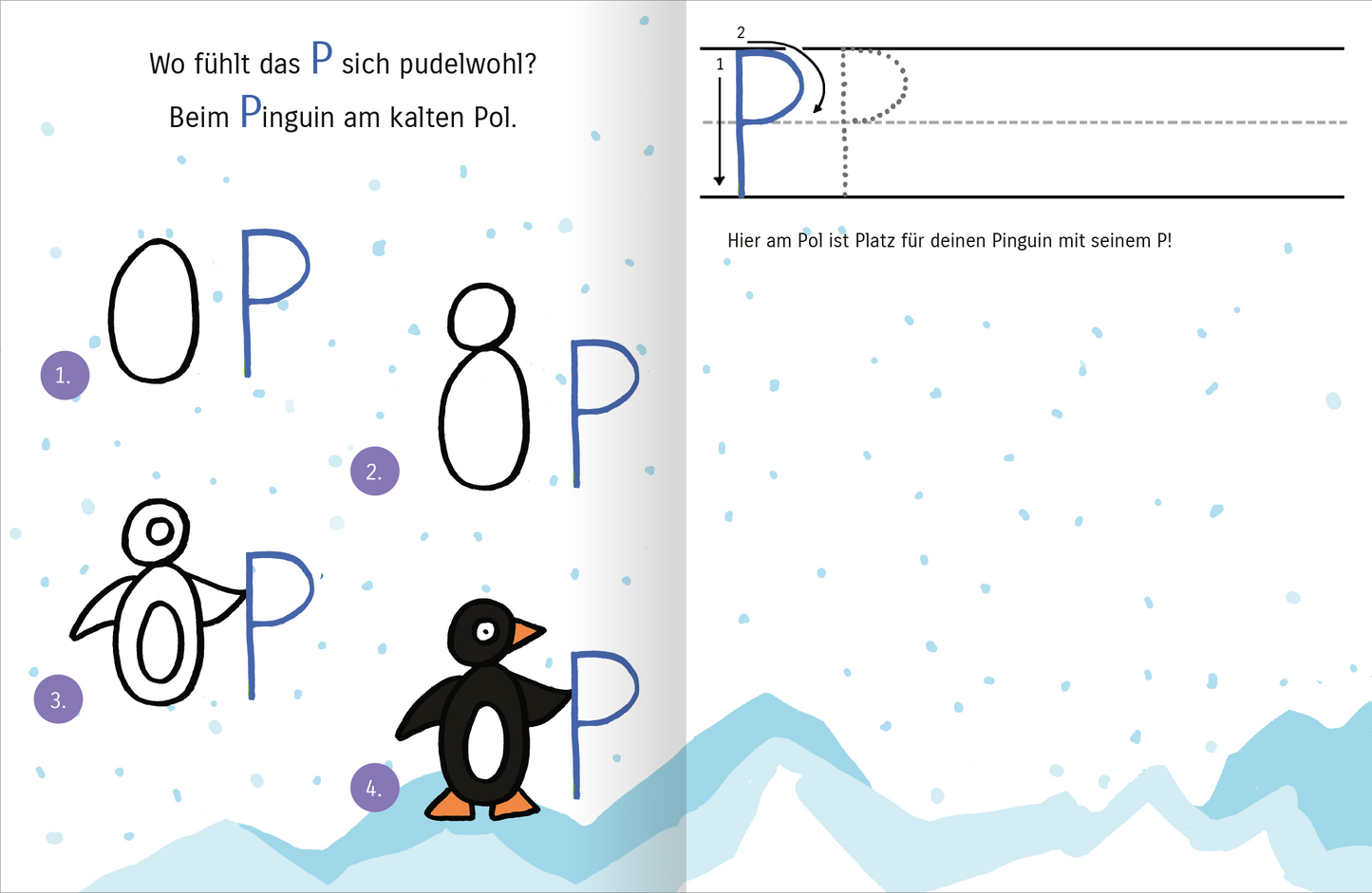 Gezeigt wird eine Innenansicht von „Mit Affe, Bär und Reh lerne ich das ABC“. Die Seite enthält große, verspielte Buchstaben in blauer und schwarzer Schriftfarbe sowie Illustrationen von Pinguinen auf einem schneebedeckten Hintergrund. Die einzelnen Schritte sind nummeriert und von einer leicht verständlichen typografischen Anleitung umgeben. Die Farben sind freundlich und einladend, und die Textelemente sind klar strukturiert, um das Lernen des Buchstabens „P“ zu fördern.