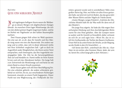 Gezeigt wird eine Innen- oder Zusatzansicht von „Geschichten unter dem Mistelzweig“. Die Seiten sind in sanften Farben gehalten, vorwiegend in Weiß und Pastelltönen. Die Titelzeile in prägnanter Schrift hebt den Kapitelkopf „Güte und schleichende Misteln“ deutlich hervor. Der Text ist in klarer, gut lesbarer Typografie gesetzt, während ein stilisierte Mistelzweig-Illustration den Seitenrand schmückt. Die Anordnung der Elemente sorgt für eine angenehme Lesbarkeit und eine...