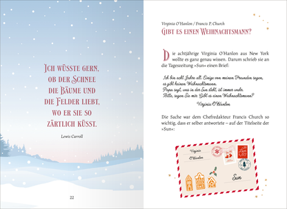 Gezeigt wird eine Innen- oder Zusatzansicht von „Geschichten unter dem Mistelzweig“. Auf der linken Seite prangt ein Zitat von Lewis Carroll in stilvoller, verspielter Schrift in Weiß auf sanftem, blauen Hintergrund, während weiße Schneeflocken die Szenerie zieren. Die rechte Seite zeigt den Titel „Gibt es einen Weihnachtsmann?“ in roter, markanter Typografie. Darunter ist ein Textabschnitt in klassischer Serifenschrift in Schwarz, ergänzt durch eine illustrierte Briefmarke mit...