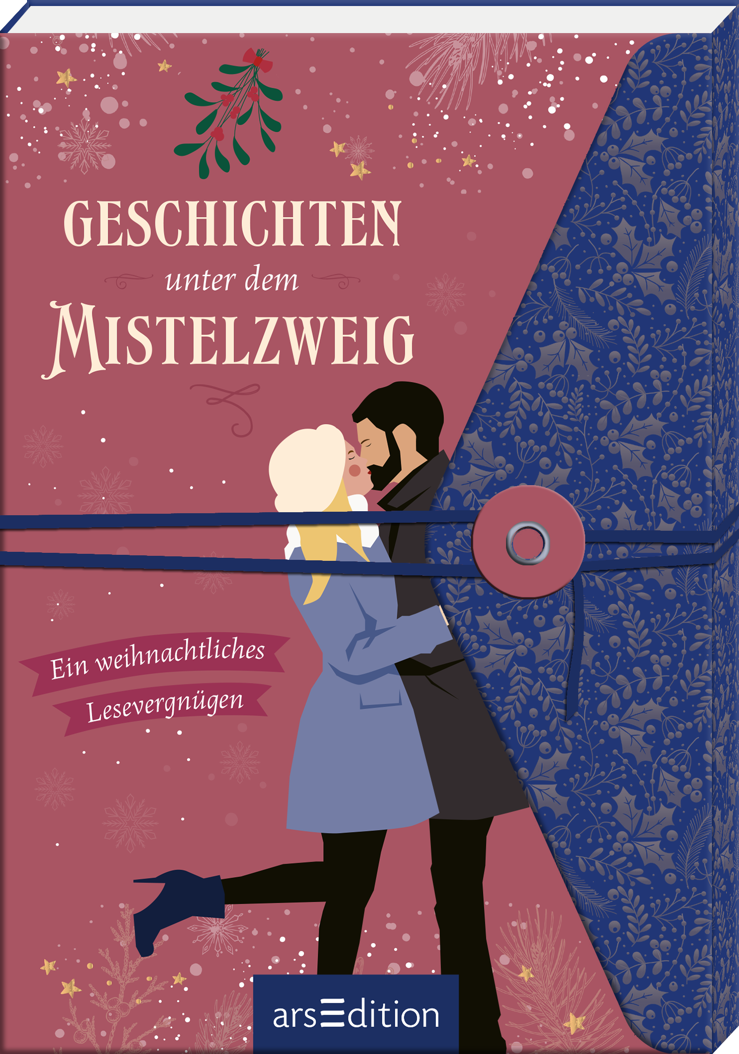 Das Buchcover „Geschichten unter dem Mistelzweig“ zeigt ein romantisches Wintermotiv mit zwei Personen, die sich unter einem Mistelzweig umarmen. Der Hintergrund ist in einem warmen Rosaton gehalten, während die Typografie in kräftigem Weiß und Gold gestaltet ist. Das Cover vermittelt eine festliche, gemütliche Atmosphäre. Am unteren Rand steht in kleinerer Schrift: „Ein weihnachtliches Lesevergnügen“. Ganz unten mittig steht der Logoschriftzug von arsEdition.