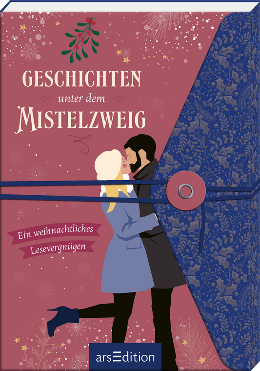 Das Buchcover „Geschichten unter dem Mistelzweig“ zeigt ein romantisches Wintermotiv mit zwei Personen, die sich unter einem Mistelzweig umarmen. Der Hintergrund ist in einem warmen Rosaton gehalten, während die Typografie in kräftigem Weiß und Gold gestaltet ist. Das Cover vermittelt eine festliche, gemütliche Atmosphäre. Am unteren Rand steht in kleinerer Schrift: „Ein weihnachtliches Lesevergnügen“. Ganz unten mittig steht der Logoschriftzug von arsEdition.