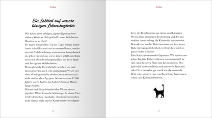 Gezeigt wird eine Innenansicht von „Kleine Katzenphilosophie“. Die Doppelseite enthält einen hellen, neutralen Hintergrund, auf dem der Text in klarer, lesbarer schwarzer Schrift angeordnet ist. Der Titel ist verspielt und in einer auffälligen, geschwungenen Typografie in Braun gehalten. Ein stilisierter schwarzer Katzenschnitt zieht sich am unteren Rand der rechten Seite entlang. Der Text ist gut strukturiert und vom Leser gut erfassbar.