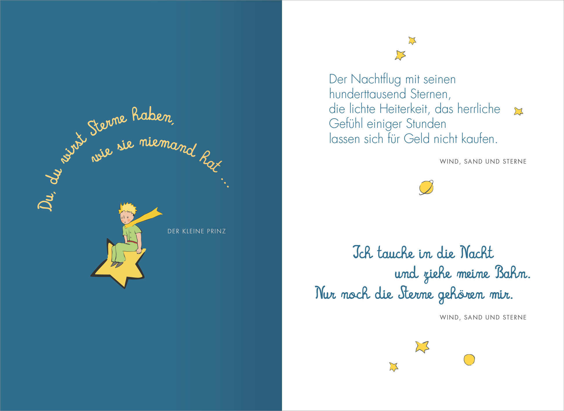 Gezeigt wird eine Innen- oder Zusatzansicht von „Mit dem kleinen Prinzen durch den Advent“. Auf der linken Seite ist der kleine Prinz in sanften Gelb- und Blautönen auf einem großen, gelben Stern abgebildet, umgeben von leuchtenden Sternen. Der Text „Die du wirst Sterne haben, wie sie niemand hat...“ ist in verspielter, handschriftlicher Typografie gestaltet. Die rechte Seite enthält den Text in einer klaren, blauen Schrift und beschreibt den Nachtflug mit Hunderttausenden von...