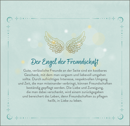 Gezeigt wird eine Innen- oder Zusatzansicht von „Engelsbotschaften“. Die Gestaltung in sanften Pastelltönen umfasst eine mintgrüne Hintergrundfarbe mit zarten, glühenden Lichtpunkten. In der Mitte sind goldene Engelshörner abgebildet. Der Titel „Der Engel der Freundschaft“ ist in verspielter, blauer Schreibschrift platziert, darunter steht ein Text in klarer, gut lesbarer Schrift. Die Gestaltung vermittelt eine freundliche und einladende Atmosphäre, ideal für Themen rund um...