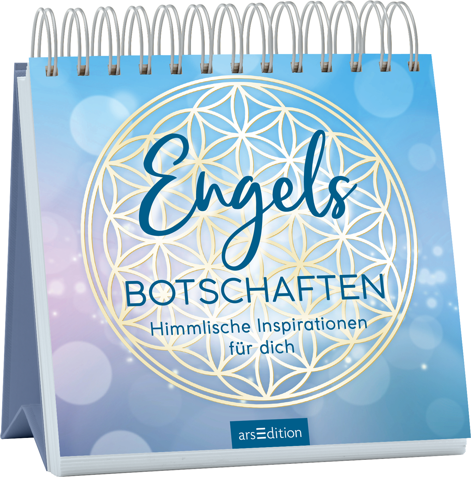 Das Buchcover zeigt einen sanften Farbverlauf in Himmelblau und Lila, durchzogen von hellen, unscharfen Lichtpunkten. Im Zentrum befindet sich ein goldenes Mandala-Motiv vor einem blau-violetten Hintergrund. Der Titel „Engelsbotschaften“ ist in einer eleganten, handschriftlichen Schriftart gestaltet, während der Untertitel „Himmlische Inspirationen für dich“ in einer klassischen, gut lesbaren Schrift gehalten ist. Ganz unten mittig steht der Logoschriftzug von arsEdition.