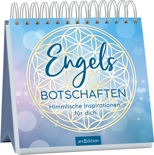 Das Buchcover zeigt einen sanften Farbverlauf in Himmelblau und Lila, durchzogen von hellen, unscharfen Lichtpunkten. Im Zentrum befindet sich ein goldenes Mandala-Motiv vor einem blau-violetten Hintergrund. Der Titel „Engelsbotschaften“ ist in einer eleganten, handschriftlichen Schriftart gestaltet, während der Untertitel „Himmlische Inspirationen für dich“ in einer klassischen, gut lesbaren Schrift gehalten ist. Ganz unten mittig steht der Logoschriftzug von arsEdition.