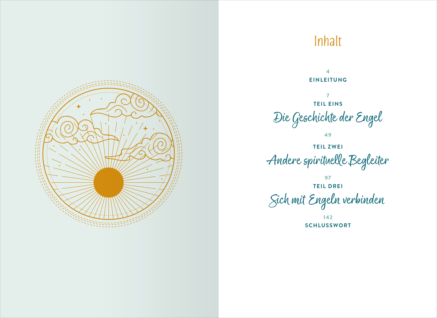 Gezeigt wird eine Innen- oder Zusatzansicht von „Engel“. Die Seite ist hellblau gehalten und zeigt ein zentrales, goldfarbenes Mandala-Motiv, das eine Sonne und Wolken darstellt. Auf der rechten Seite ist der Inhaltsverzeichnistext in eleganter, geschwungener Schrift in Dunkelblau und Gold aufgelistet. Die Typografie ist gut lesbar und vermittelt eine spirituelle Atmosphäre. Der Text ist übersichtlich in verschiedene Abschnitte unterteilt, ergänzt durch klare typografische Hierarchien.